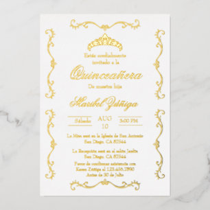 En Aluminium Beige or avec couronne Quinceanera invitation Foil