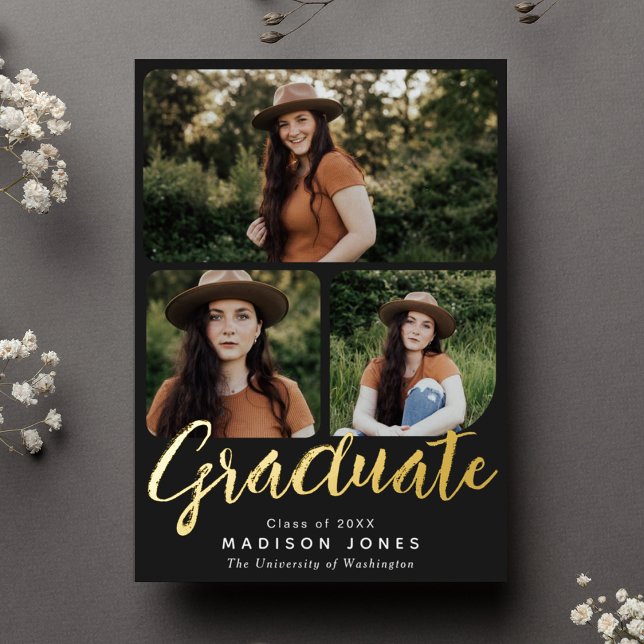 En Aluminium Black Script 4 Photos Graduation Party Invitation (Créateur téléchargé)