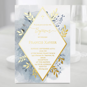 En Aluminium bleu aquarelle feuillage Baptême Foil Invitation