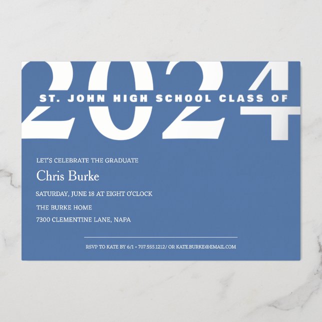 En Aluminium Bleu clair Graduation Silver Foil Invitation (Recto)