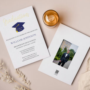 En Aluminium Bleu Gold Graduation Cap & Tassel Foil Invitation