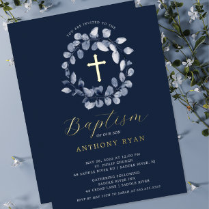 En Aluminium Bleu Leaf garçons Baptême Foil Invitation