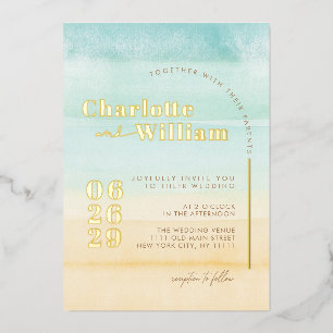 En Aluminium Blue Beach Sand Watercolor Mariage Foil Invitation