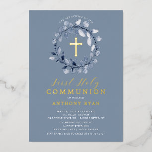 En Aluminium Blue Leaf Boys First Communion Foil Invitation