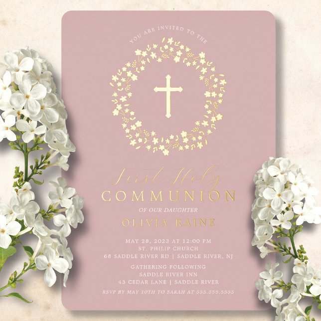 En Aluminium Blush Floral Girls First Communion Foil Invitation (Créateur téléchargé)