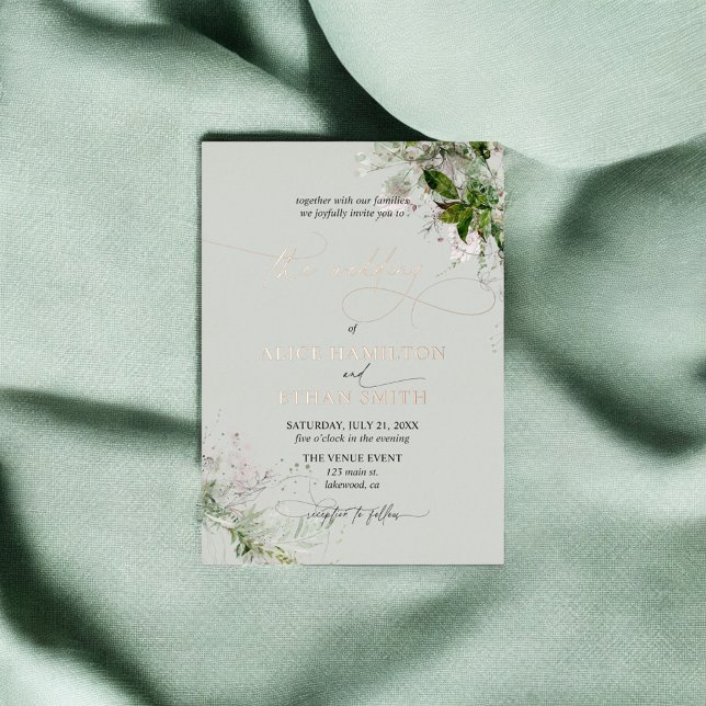 En Aluminium Boho Green Script Mariage Foil Invitation (Créateur téléchargé)