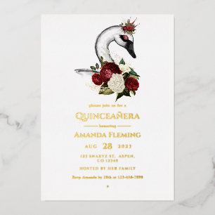 En Aluminium Bourgogne et Gold Swan Quinceañera Foil Invitation