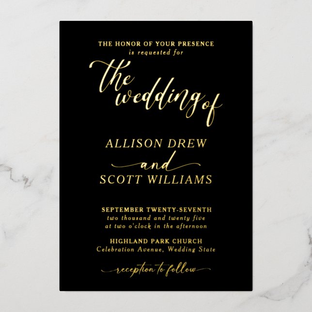 En Aluminium Elégant Black Gold Script Mariage Foil Invitation (Recto)