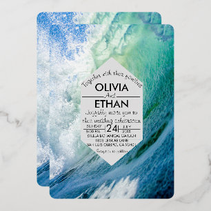 En Aluminium Elégant océan bleu vagues Mariage Foil Invitation