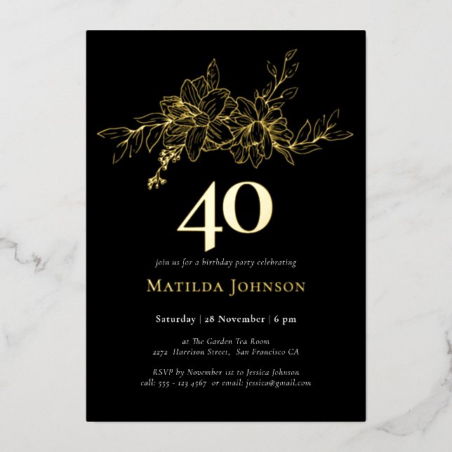 En Aluminium Floral 40e anniversaire Gold Foil Invitation (Recto)
