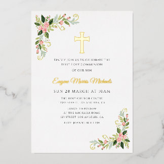 En Aluminium Gold cross floral first communion invitation foil 