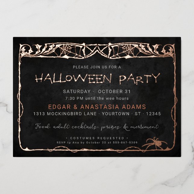 En Aluminium Halloween Spider Web Rose Gold Foil Invitation (Recto)
