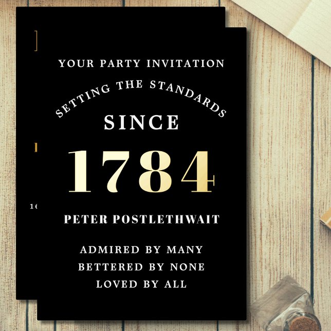 En Aluminium Invitation Anniversaire Black Gold Chaque année po (Gold foil birthday party invitations for men on black background. Any year with easily edited text.)