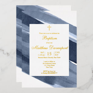 En Aluminium Invitation Baptême Garçon Bleu Or