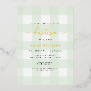 En Aluminium Invitation baptême papier gaufré or et vichy vert