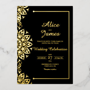 En Aluminium Invitation de mariage élégante mandala noir feuill