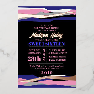 En Aluminium Invitation Rose Gold Navy Pink Sweet Sixteen 16