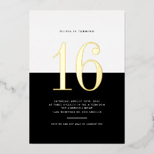 En Aluminium Invitation Sweet Sixteen Noir et Blanc avec Feuill