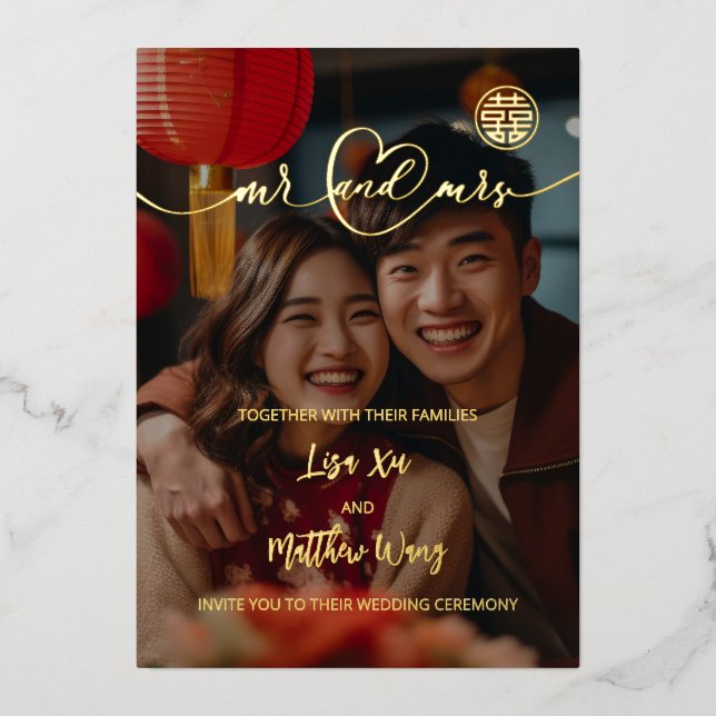 En Aluminium Mariage chinois Photo Gold Foil Invitation (Recto)