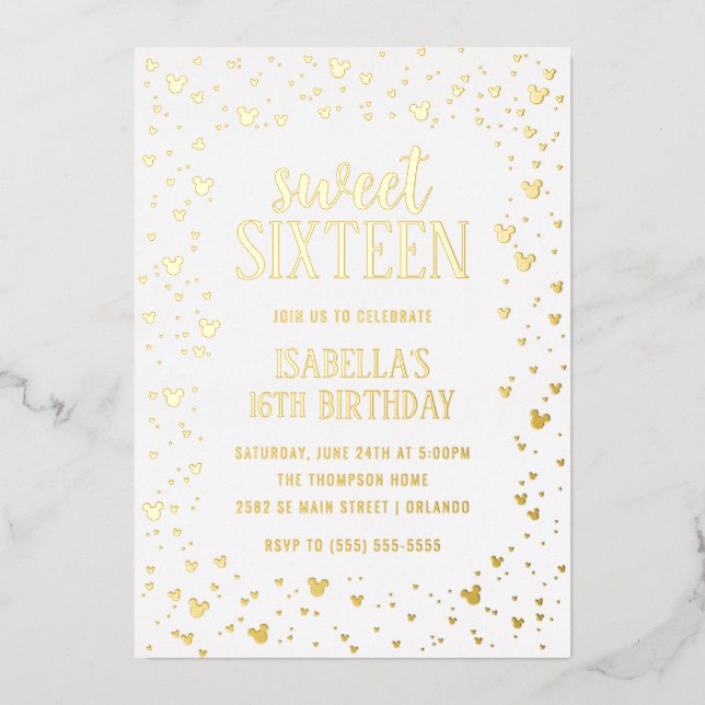 En Aluminium Minnie Mouse Gold Sweet 16 Invitation (Recto)