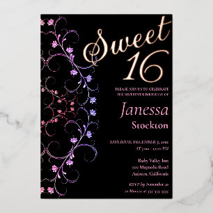 En Aluminium Ornate Floral Border Sweet 16 Invitation