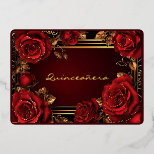 En Aluminium Red Roses Gold Frame Quinceañera Foil Invitation