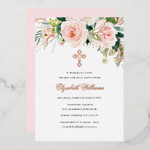 En Aluminium Rose Gold Rose Floral Girl Baptism Foil Invitation