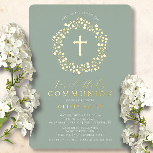 En Aluminium Sage Floral Girls First Communion Foil Invitation