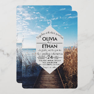 En Aluminium Seascape beach célébration Mariage Foil Invitation