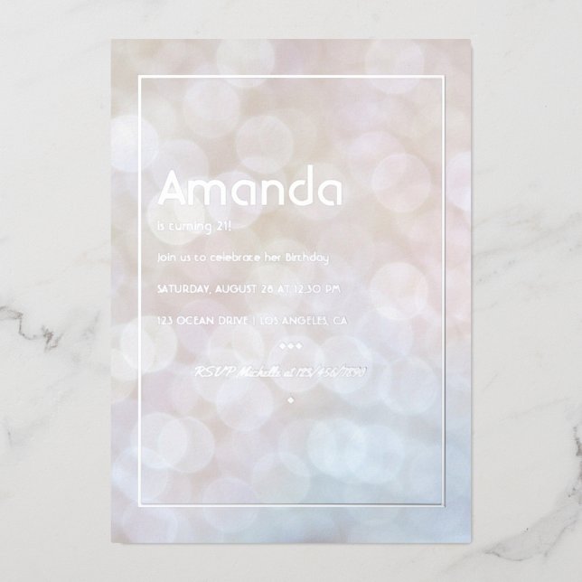 En Aluminium Silver Bokeh Anniversaire Foil Invitation (Recto)