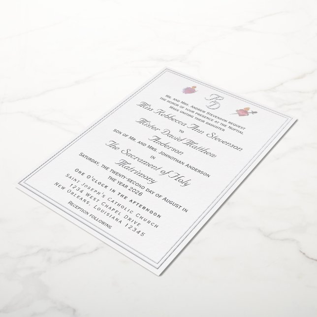 En Aluminium Silver Two Hearts Catholic Wedding Foil Invitation (Rotation)
