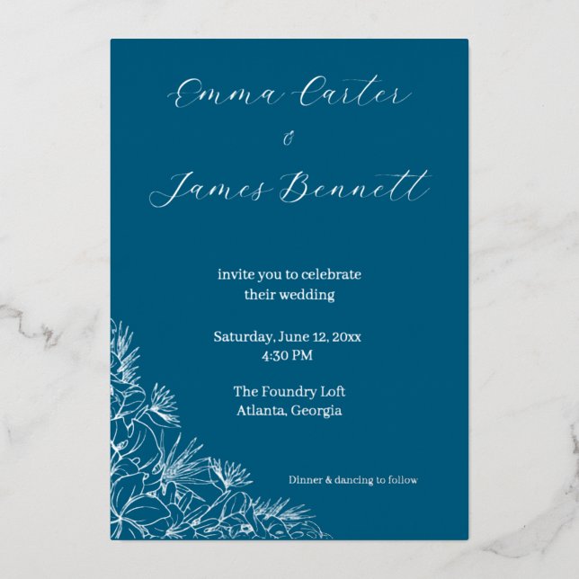 En Aluminium Teal Modern Botanical Wedding Foil Invitation (Recto)