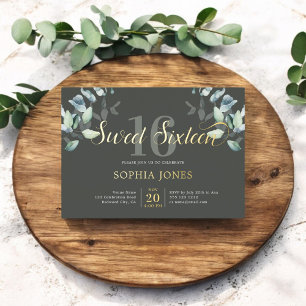 En Aluminium Verdure Botanique Script Sweet 16 Foil Invitation