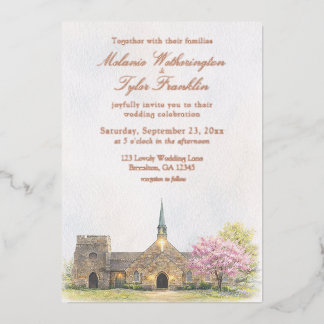 En Aluminium Watercolor Stone Chapel Spring Wedding Invitation