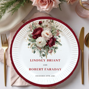 En Carton Assiettes de mariage à fleurs de verdure rouge pro
