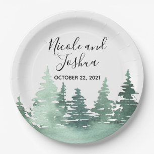 En Carton Assiettes de mariage forestières aquarelles rustiq