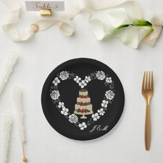 En Carton Assiettes de mariage noires et blanc – Cœur floral