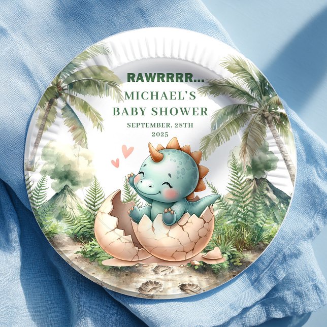 En Carton Assiettes pour Baby Shower Œuf de Dino Charmant qu (Charming Dino Egg Baby Shower Hatching Soon Plates)