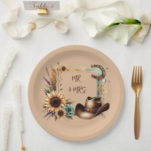 En Carton Assiettes Rustiques Western Mr & Mrs 9 pouces (Mariage)