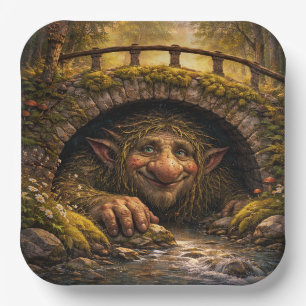 En Carton Troll norvégien se cachant sous un pont, assiettes