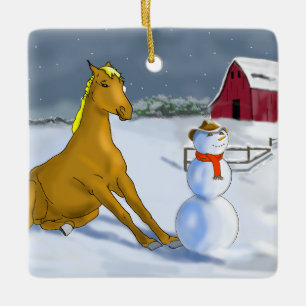 En Céramique Cowboy Snowman & Horse Noël Ornement