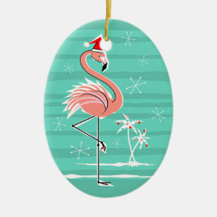 En Céramique Flamant rose de Noël Stripe Texte ornement ovale