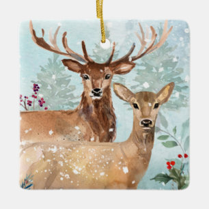 En Céramique Forêt d'hiver, cerf, cabine de bois, ornement cé