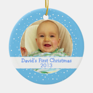 En Céramique Ornement rond bleu de photo de ęr Noël de bébé