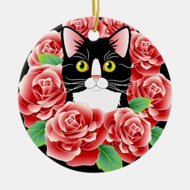 En Céramique Ornement rond de minou rose mignon d'amour de chat (Devant)