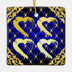 En Céramique Ornement Royal Blue et Gold Hearts