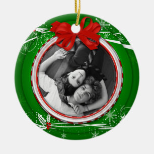 En Céramique Ornement Ruban de Noël au houx rouge et vert 1er N