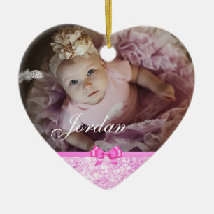 En Céramique PInk Parties scintillant Coeur bébé photo ornement