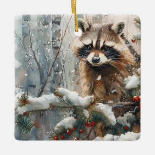 En Céramique Scène hivernale Raccoon - Ornement de la faune