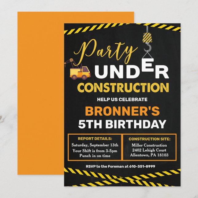 En construction Invitation d'anniversaire (Devant / Derrière)